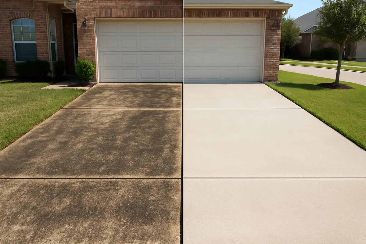 Before and after pressure washing a stained concrete driveway in Lake Jackson, TX