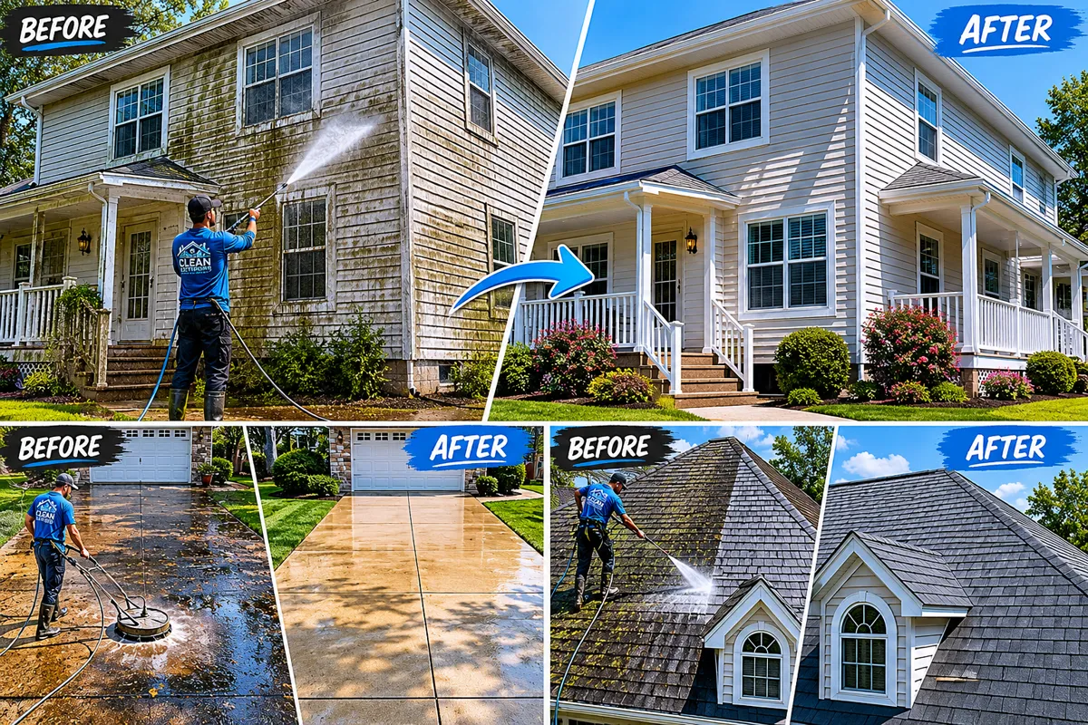 Before and after pressure washing in Lake Jackson, TX β house siding, driveway, and roof cleaned