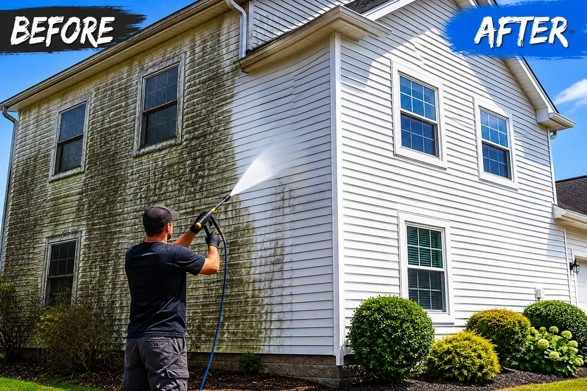 Before and after house washing in Lake Jackson, TX β green algae and dirt stripped off the siding