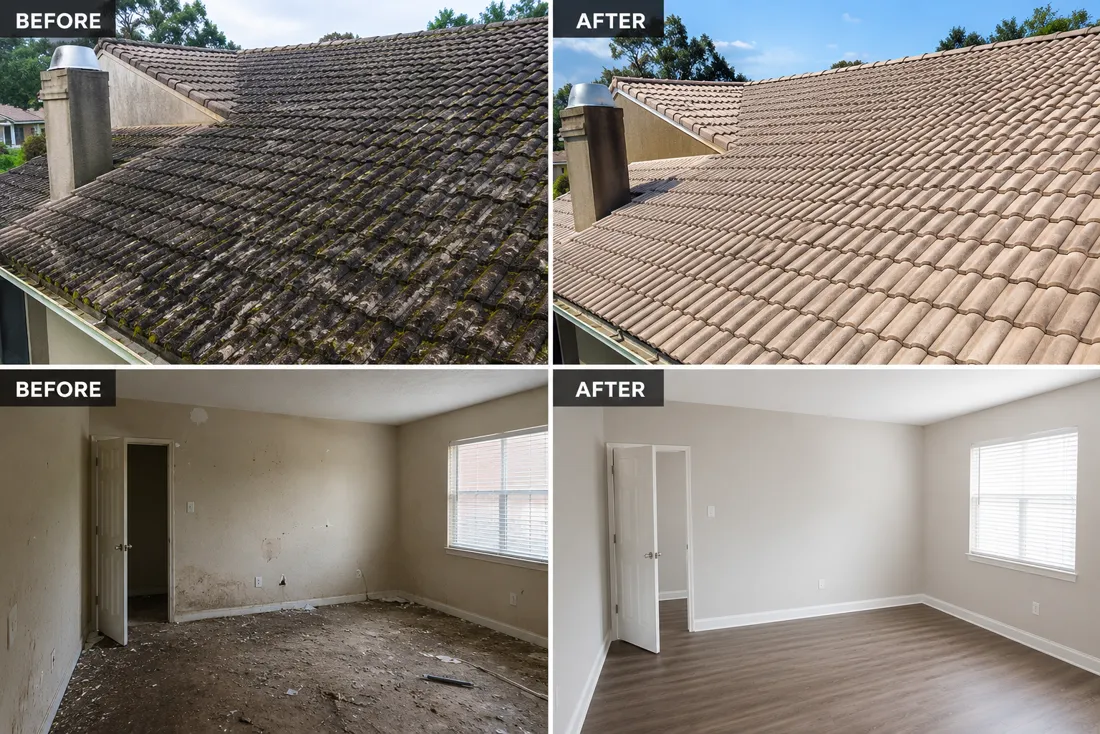 Before and after β roof soft wash and a full interior move-out cleaning of a home in Lake Jackson, TX